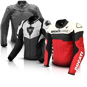 Sporty motorcycle leather jackets in black, grey and Ducati red with protectors and brand logos.